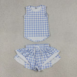 Solid Blue Plaid Vest Butterfly Athletic Girls Shorts Sets