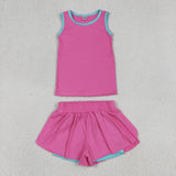 Solid Hot Pink Blue Vest Butterfly Athletic Girls Shorts Sets