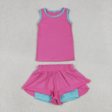Solid Hot Pink Blue Vest Butterfly Athletic Girls Shorts Sets