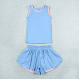 Solid Blue Pink Vest Butterfly Athletic Girls Shorts Sets