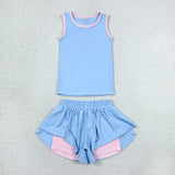 Solid Blue Pink Vest Butterfly Athletic Girls Shorts Sets