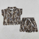 Army Green Camo Zipper Scalloped Girls Shorts Sets