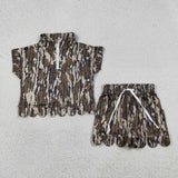 Army Green Camo Zipper Scalloped Girls Shorts Sets