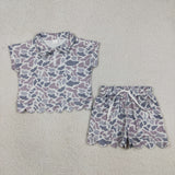 Gray Camo Zipper Scalloped Girls Shorts Sets