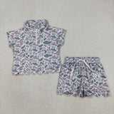 Gray Camo Zipper Scalloped Girls Shorts Sets