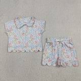 Floral Blue Bow Pattern Zipper Scalloped Girls Shorts Sets