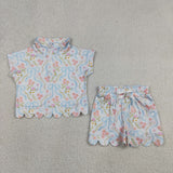 Floral Blue Bow Pattern Zipper Scalloped Girls Shorts Sets