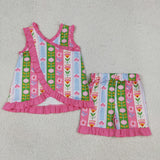 Floral Hot Pink Ruffles Girls Shorts Sets