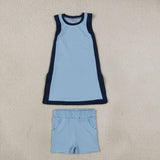 Solid Team Navy Sky Blue Athletic Dress Girls Shorts Sets