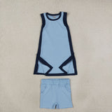 Solid Team Navy Sky Blue Athletic Dress Girls Shorts Sets