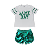 Game Day Stripe White Green Leather Girls Shorts Sets