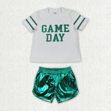 Game Day Stripe White Green Leather Girls Shorts Sets