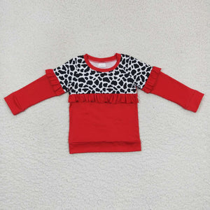 Cow Print Red Ruffles Girls Long Sleeve Top