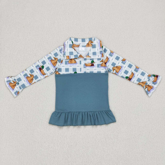 Duck Plaid Blue Polo Girls Long Sleeve Top