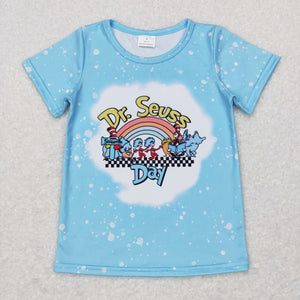 Cartoon Cats Rainbow Sky Blue Girls Short Sleeve Top