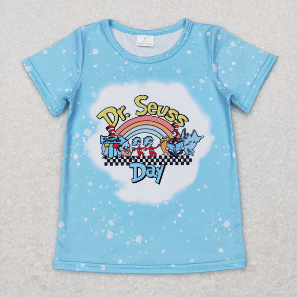 Cartoon Cats Rainbow Sky Blue Girls Short Sleeve Top