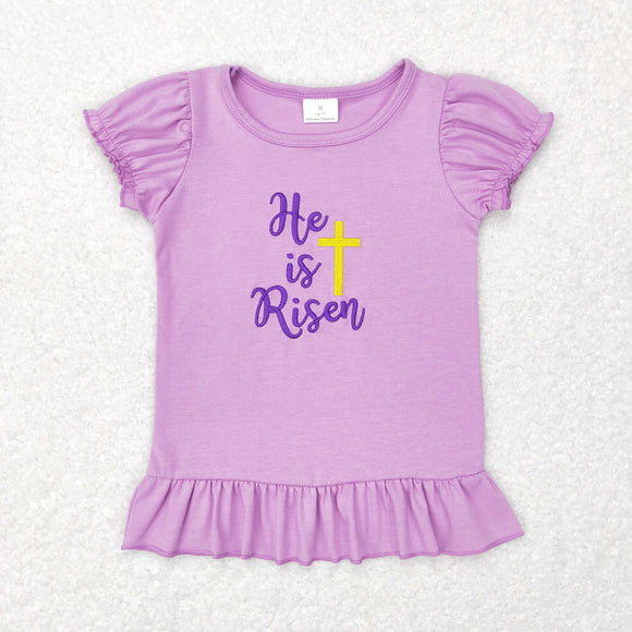 He is Risen Cross Purple Ruffles Girls Easter Top