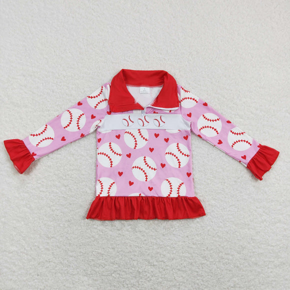 Baseball Red Ruffles Pink Polo Girls Long Sleeve Top