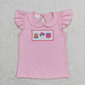 Happy birthday Pink Doll Collar Girls Short Sleeve Top