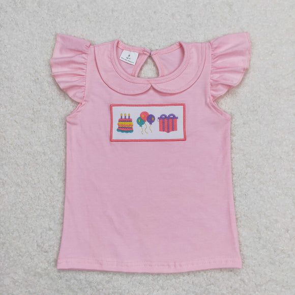 Happy birthday Pink Doll Collar Girls Short Sleeve Top