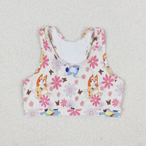 Cartoon Dogs Floral Yoga Girls Short Sleeve Top