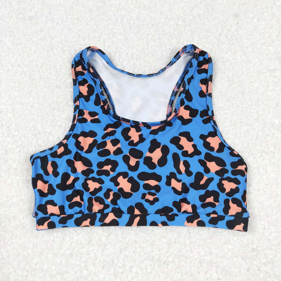 Leopard Print Blue Yoga Girls Short Sleeve Top