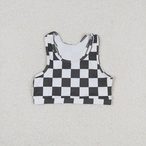 Black White Plaid Yoga Girls Short Sleeve Top