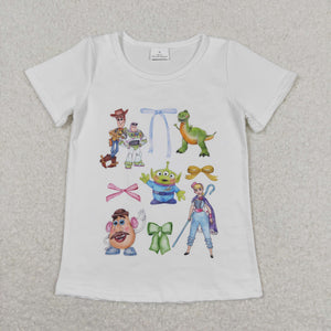 Cartoon Dinosaur Bows White Girls Short Sleeve Top