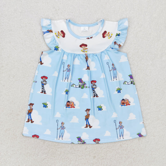 Cartoon Characters Cloud Blue Girls Short Sleeve Top