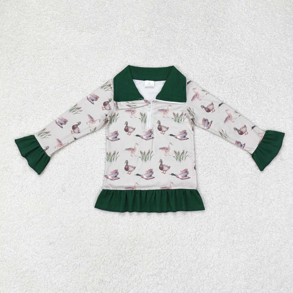 Duck Green Ruffles Polo Girls Long Sleeve Top