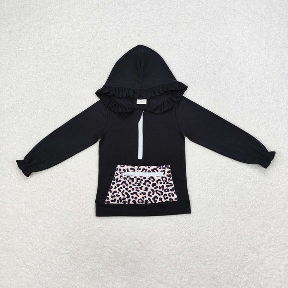 Leopard Print Pocket Black Ruffles Girls Hoodie Top