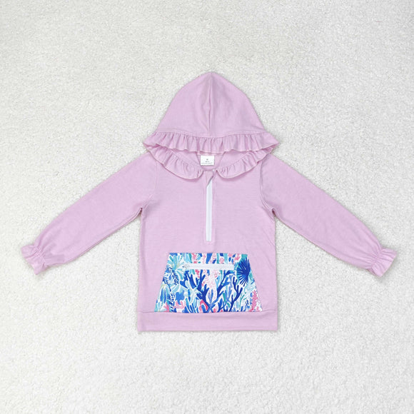 Sea Grass Pocket Purple Ruffles Girls Hoodie Top