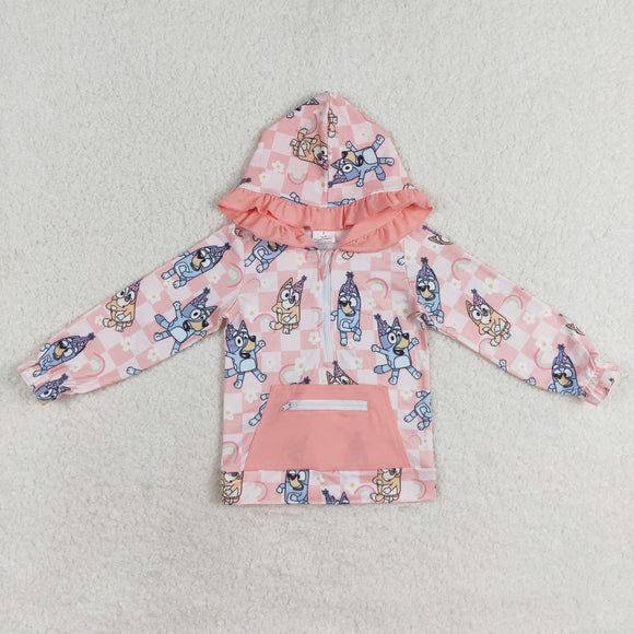 Cartoon Dogs Rainbow Plaid Pink Pocket Girls Hoodie Top