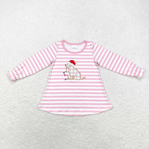 Lights Dog Pink Stripe Girls Christmas Top