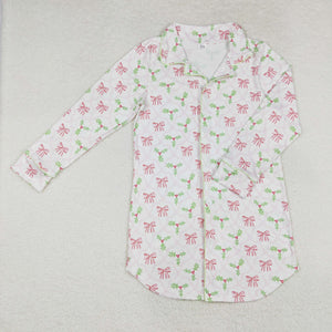 Bow Pattern Leaves White Mommy & Me Adult Top Christmas Pajamas