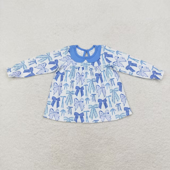 Bow Pattern Blue Doll Collar Girls Long Sleeve Top