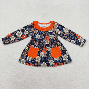 Floral Orange Doll Collar Pockets Navy Girls Long Sleeve Top