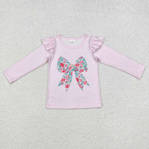 Floral Bow Pattern Pink Girls Long Sleeve Top