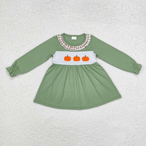 Pumpkin Plaid Ruffles Green Girls Long Sleeve Top