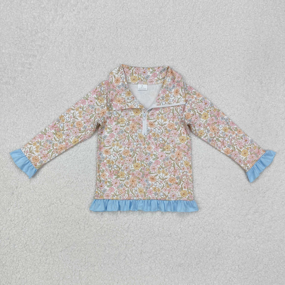 Floral Blue Ruffles Polo Girls Long Sleeve Top