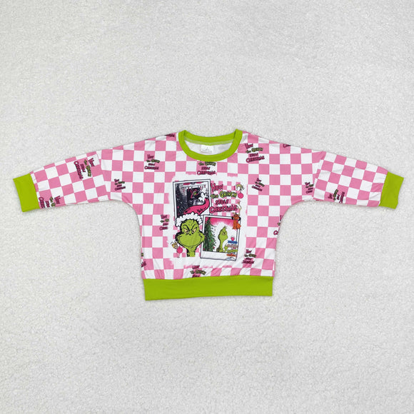 Cartoon Pink Plaid Green Girls Christmas Top