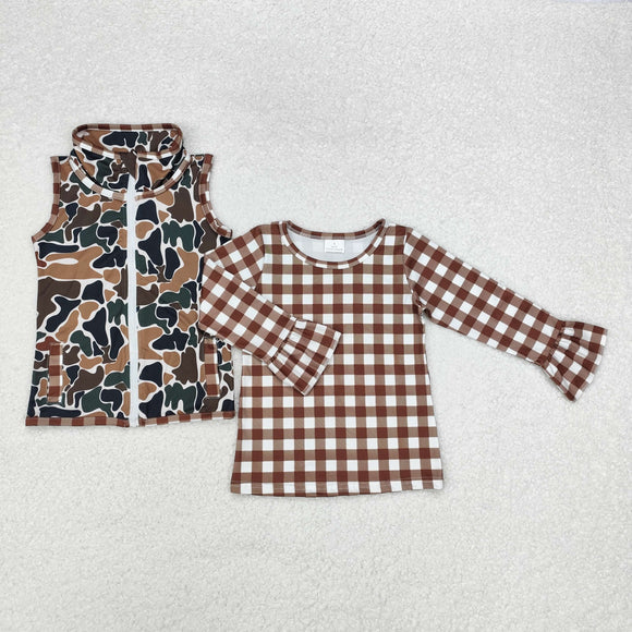 Brown Plaid Camo Waistcoat Girls Long Sleeve Top