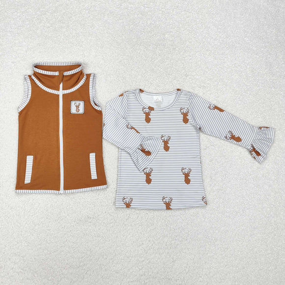 Reindeer Stripe Brown Waistcoat 2pcs Girls Christmas Top