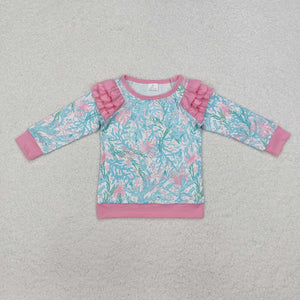 Coralline Sea Grass Pink Ruffles Girls Long Sleeve Top