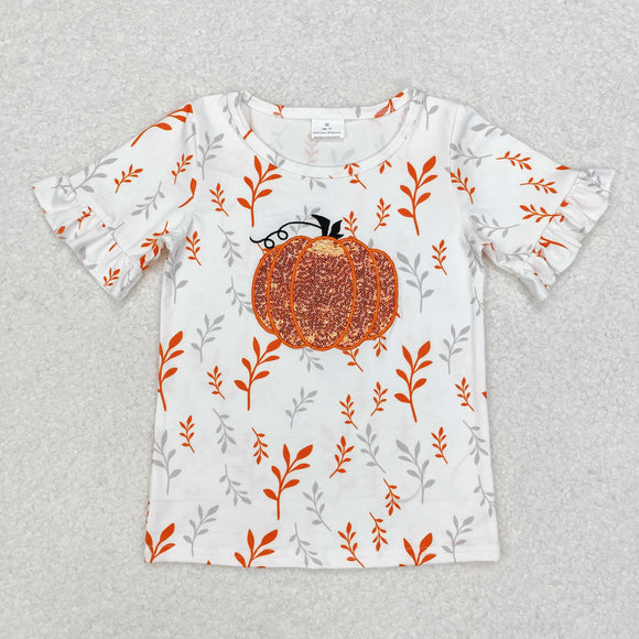 Sequin Pumpkin White Girls Short Sleeve Top