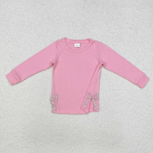 Floral Bow Embroidery Pink Girls Long Sleeve Top