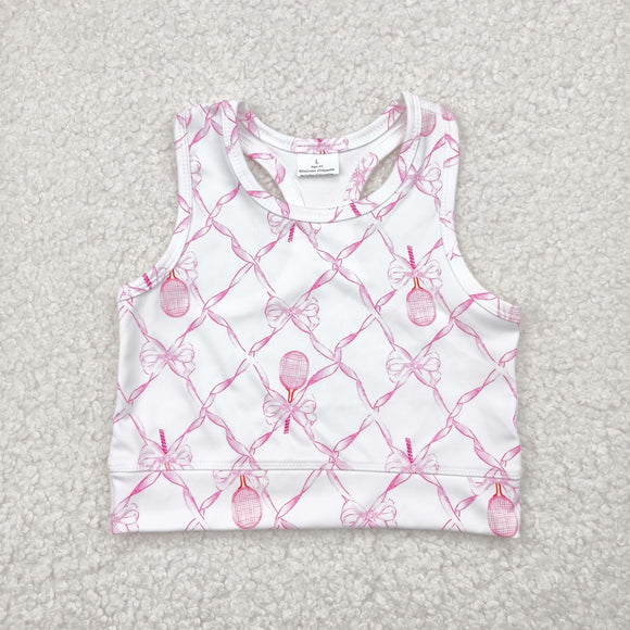 Racket Pink Bow Pattern Athletic Girls Sleeveless Top