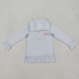 Bow Embroidery Blue Stripe Girls Long Sleeve Top