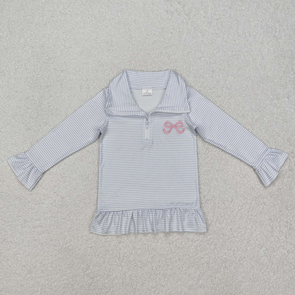 Bow Embroidery Blue Stripe Girls Long Sleeve Top