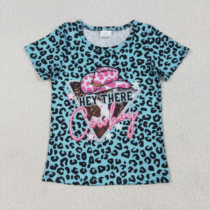 Cowboy Leopard Print Blue Girls Short Sleeve Top